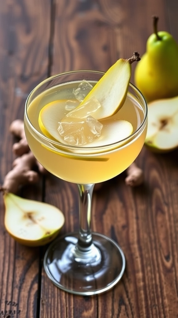A refreshing Pear and Ginger Gin Cocktail in a glass, garnished with pear slices and ginger, on a wooden table.